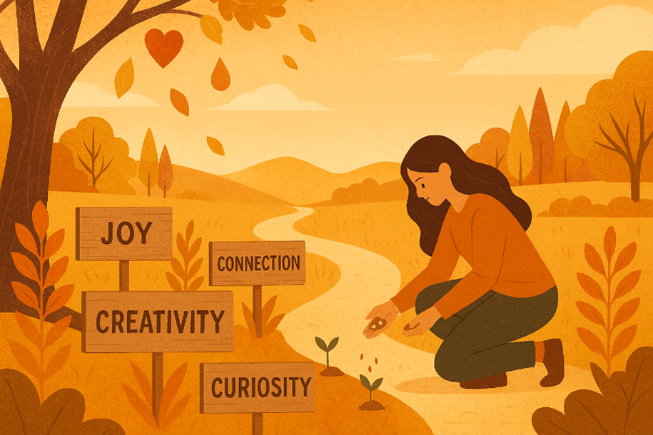 Orange-hued graphic of a woman planting seeds next to signs that say joy, connection, creativity and curiosity